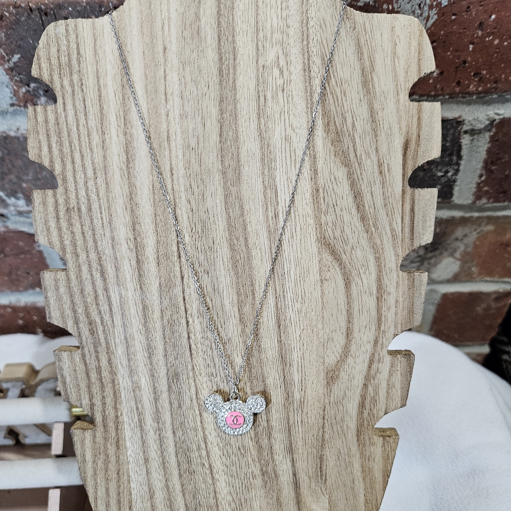 Charming Silver Necklace with Pink Mouse Pendant